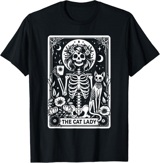 The Cat Lady Tarot Cards Skeleton Coffee Cat Tarot Card T-Shirt - T-Shirt | Black