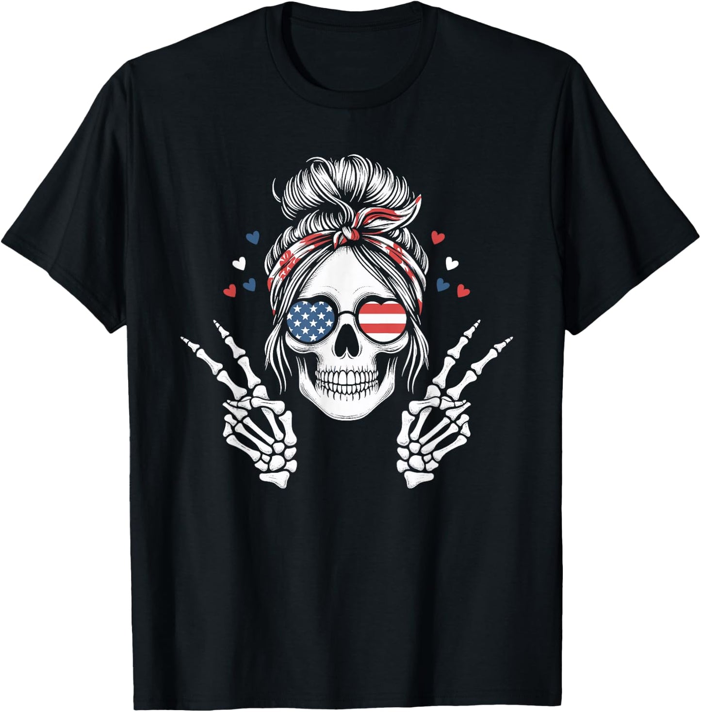 Patriotic American Flag Skull Messy Bun Peace USA 4th July T-Shirt - T-Shirt | Black