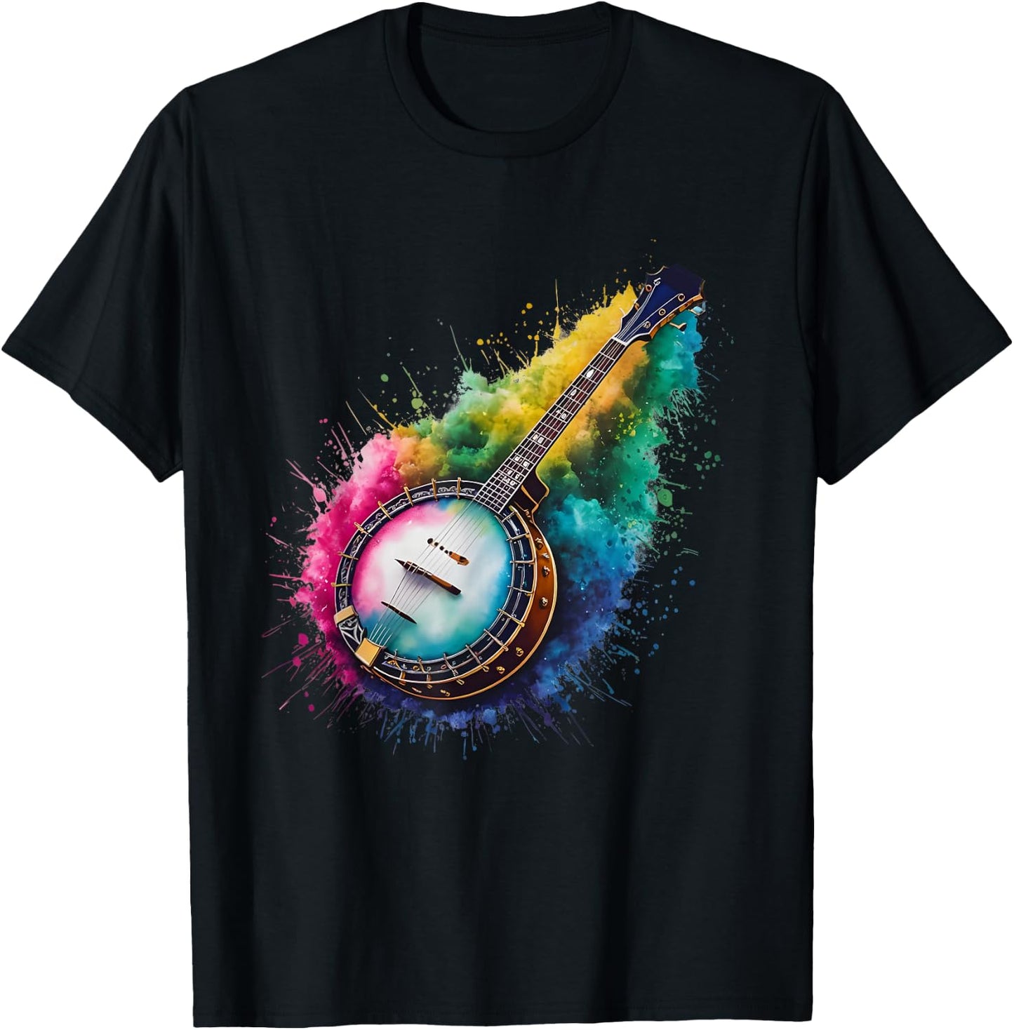 Playing Banjo Men Woman Colorful Watercolor Banjo T-Shirt - T-Shirt | Black