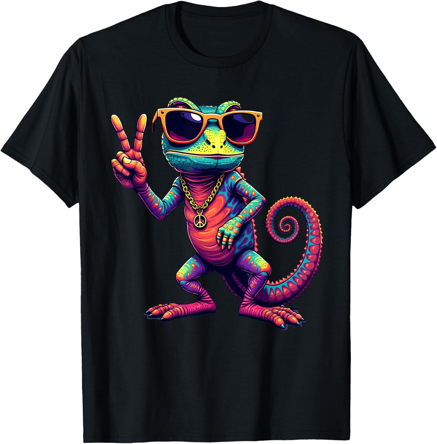 Groovy Peace Chameleon,, Funny Vintage Chameleon T-Shirt - T-Shirt | Black