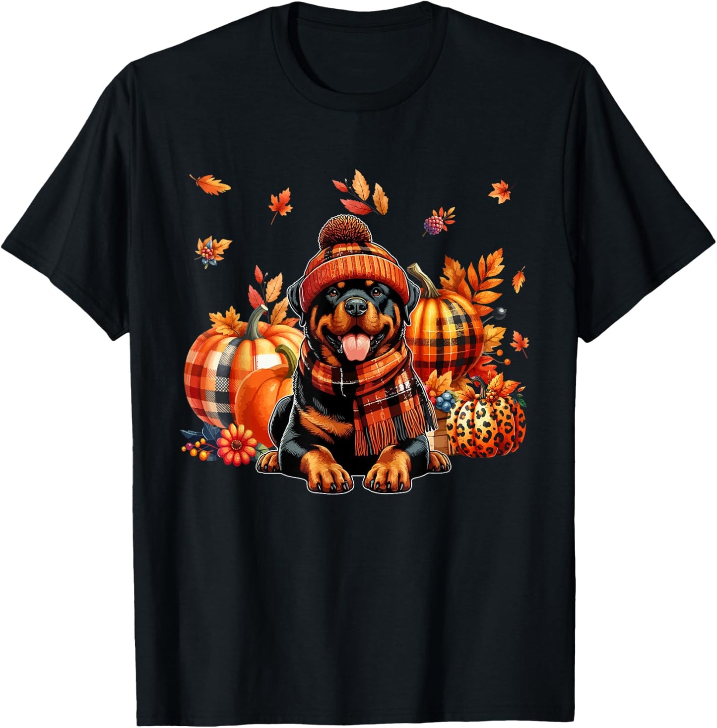 Rottweiler Thanksgiving Leopard Pumpkins Fall Leaves Lover T-Shirt - T-Shirt | Black