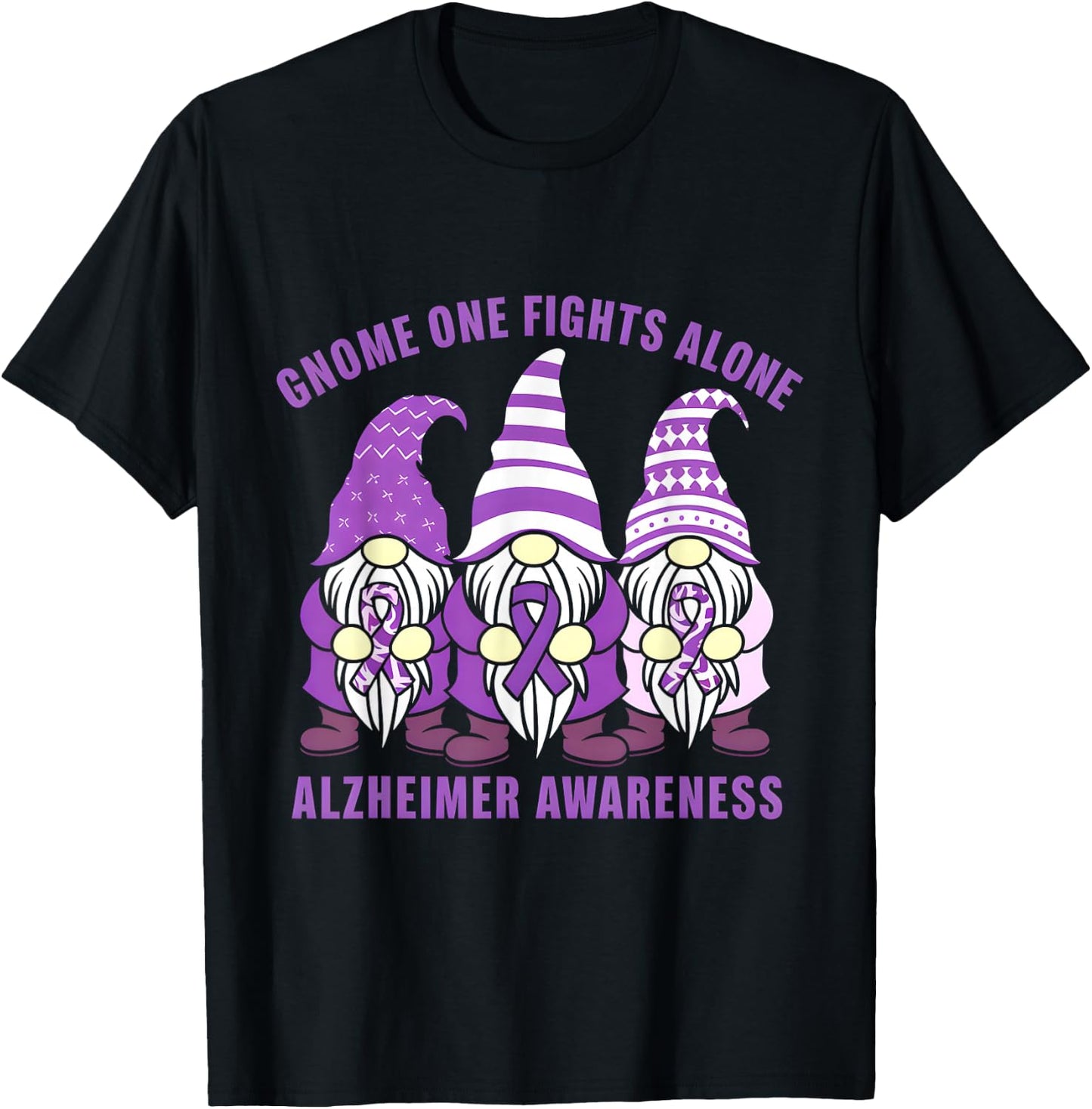 Gnome One Fights Alone Alzheimer Awareness Purple Ribbon T-Shirt - T-Shirt | Black