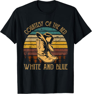 Courtesy Of The Red, White And Blue Western Cowboy Hat Boots T-Shirt - T-Shirt | Black