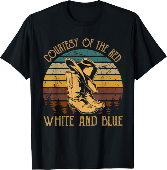 Courtesy Of The Red, White And Blue Western Cowboy Hat Boots T-Shirt - T-Shirt | Black