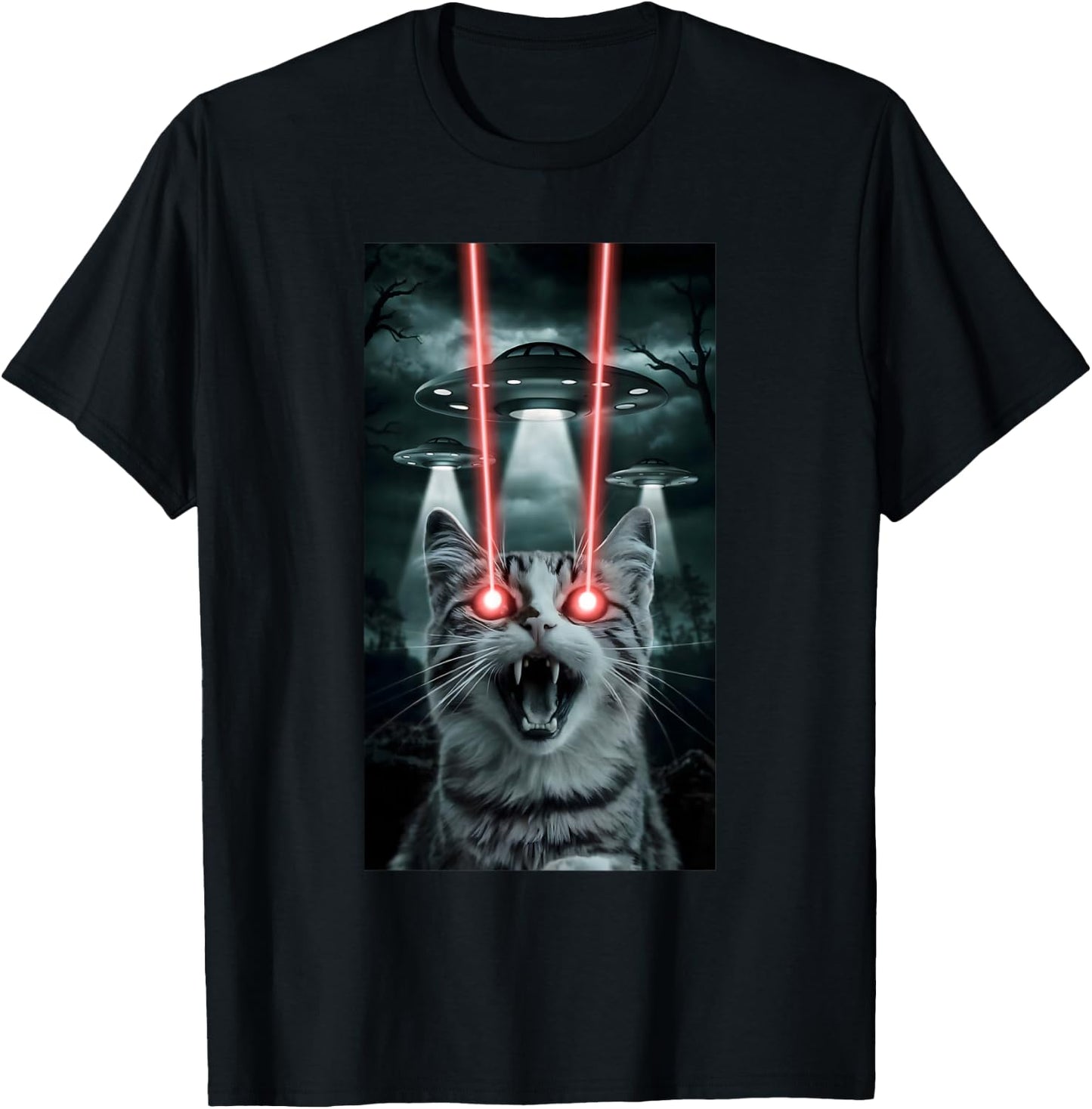 Alien Cat Selfie With Ufo Laser Eyes T-Shirt - T-Shirt | Black