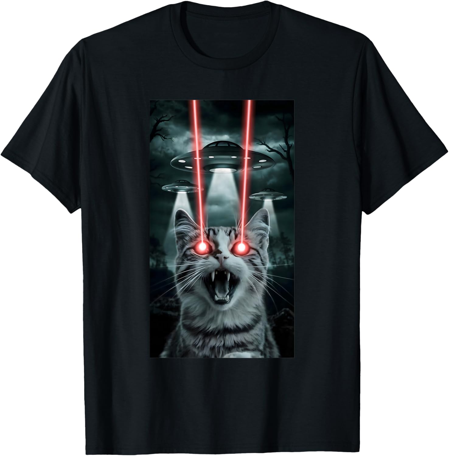 Alien Cat Selfie With Ufo Laser Eyes T-Shirt - T-Shirt | Black