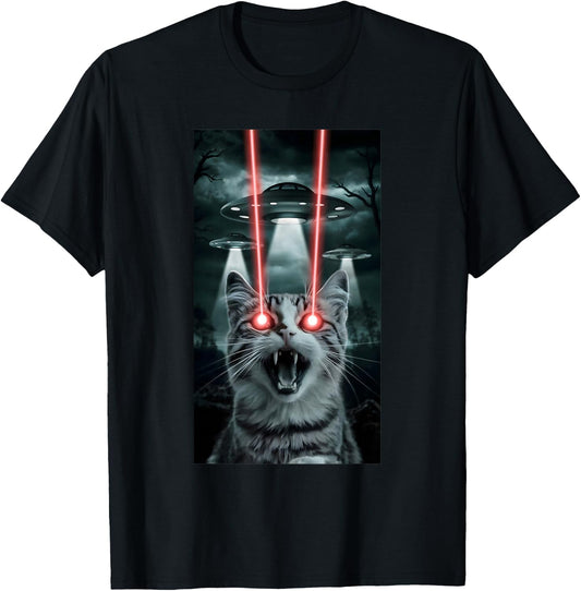 Alien Cat Selfie With Ufo Laser Eyes T-Shirt - T-Shirt | Black
