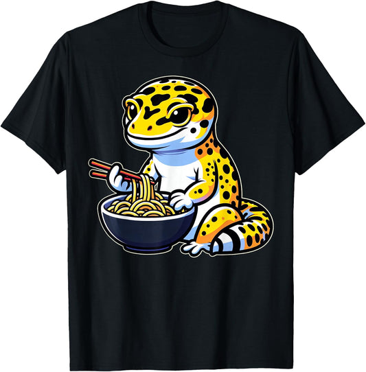 Kawaii Leopard Gecko Lover Gifts Leopard Gecko Eating Ramen T-Shirt - T-Shirt | Black
