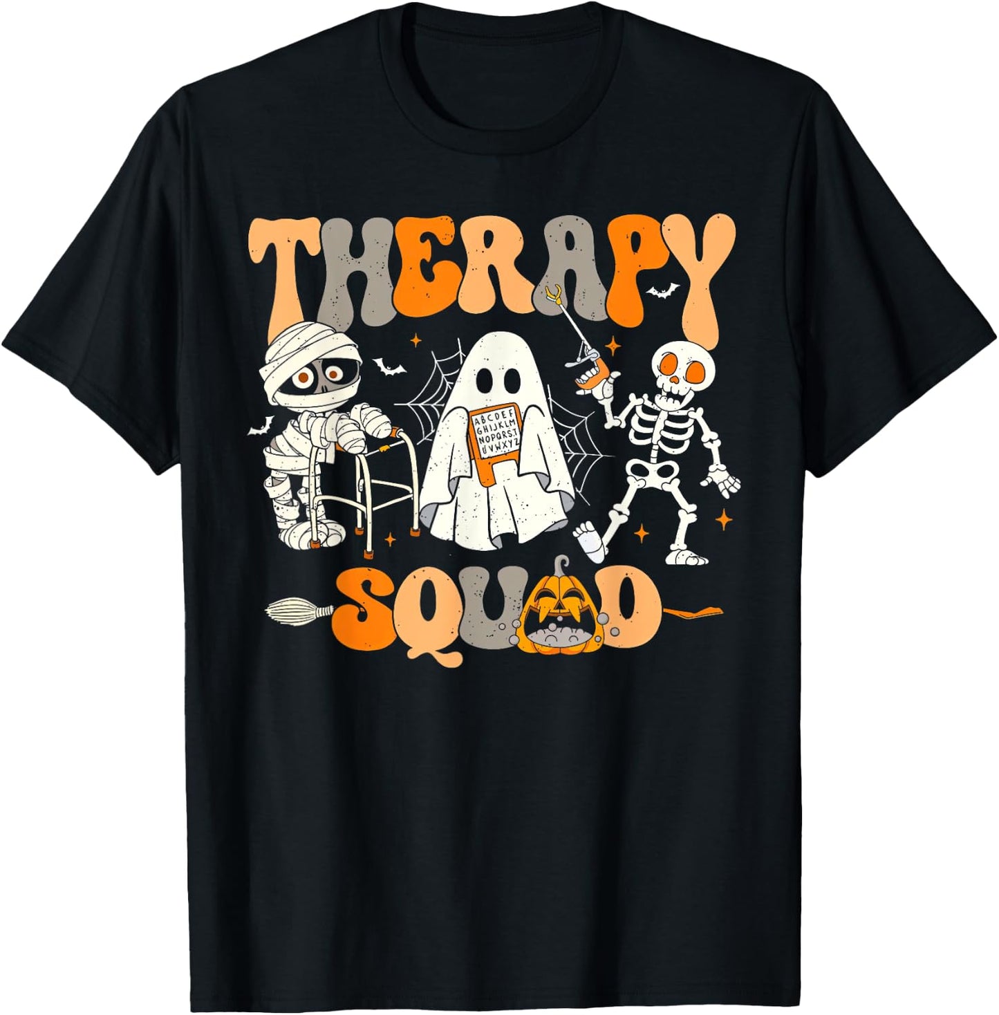 Therapy Squad Skeleton Ghost Mummy Halloween Spooky Season T-Shirt - T-Shirt | Black