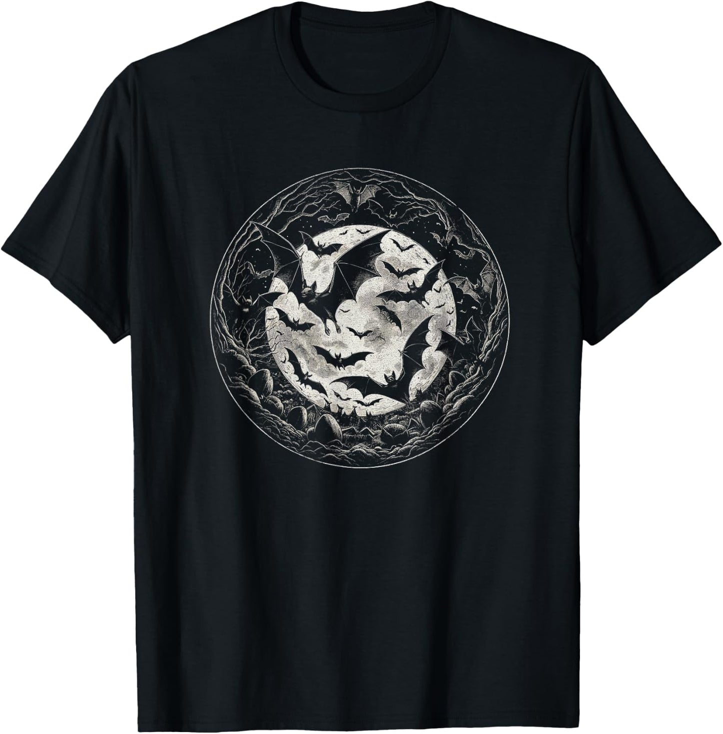 Bats With Moon Graphic Gothic Art Design And Men T-Shirt - T-Shirt | Black