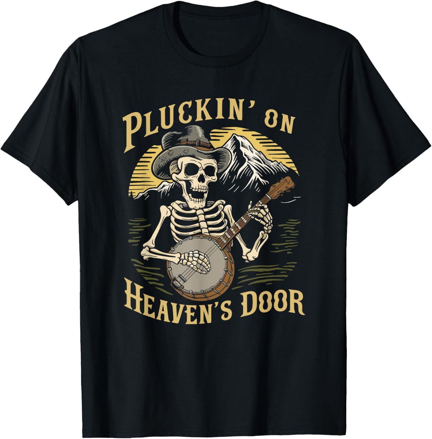 Bluegrass Music, Banjo Skeleton Pluckin on Heavens Door T-Shirt - T-Shirt | Black