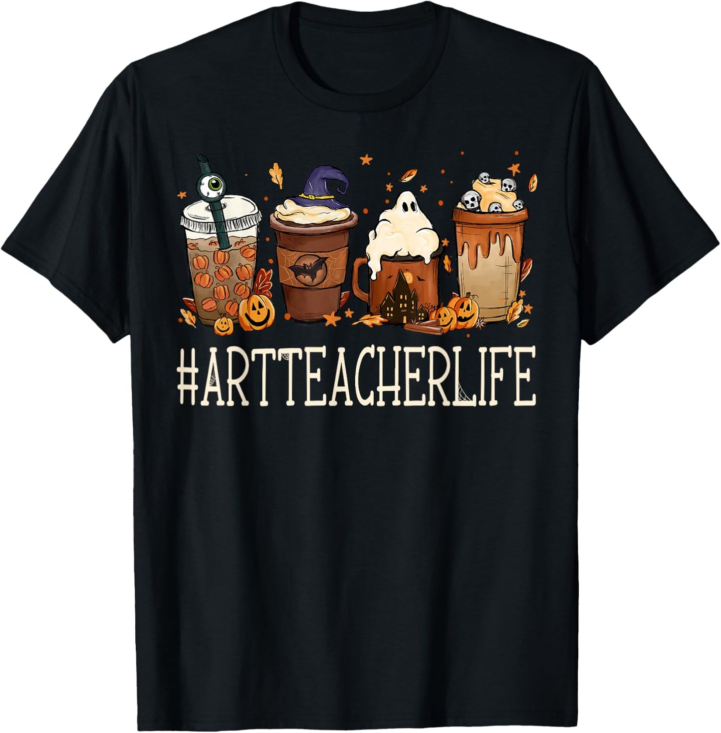 Art Teacher Horror Coffee Spooky Halloween Pumpkin Autumn T-Shirt - T-Shirt | Black