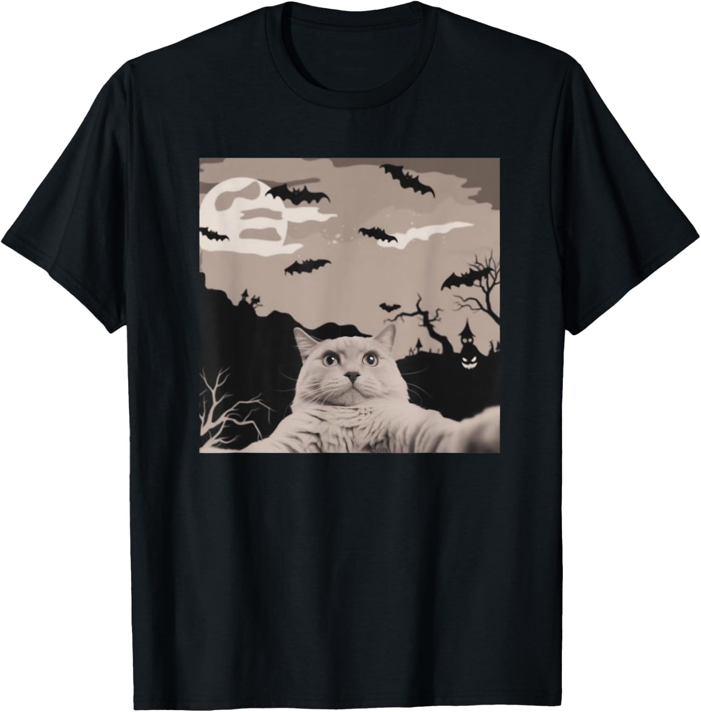 Cat Selfie With Halloween Background Funny Cat Gifts T-Shirt - T-Shirt | Black