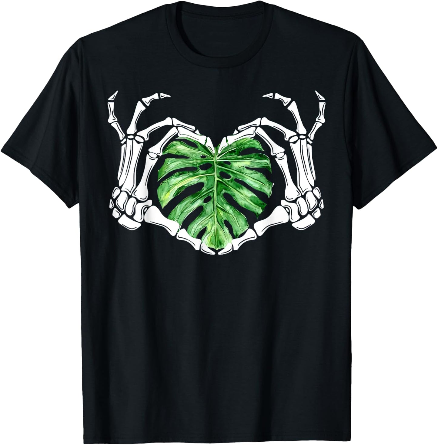 Skeleton Hands Heart Monstera Houseplant Botanical Gardening T-Shirt - T-Shirt | Black