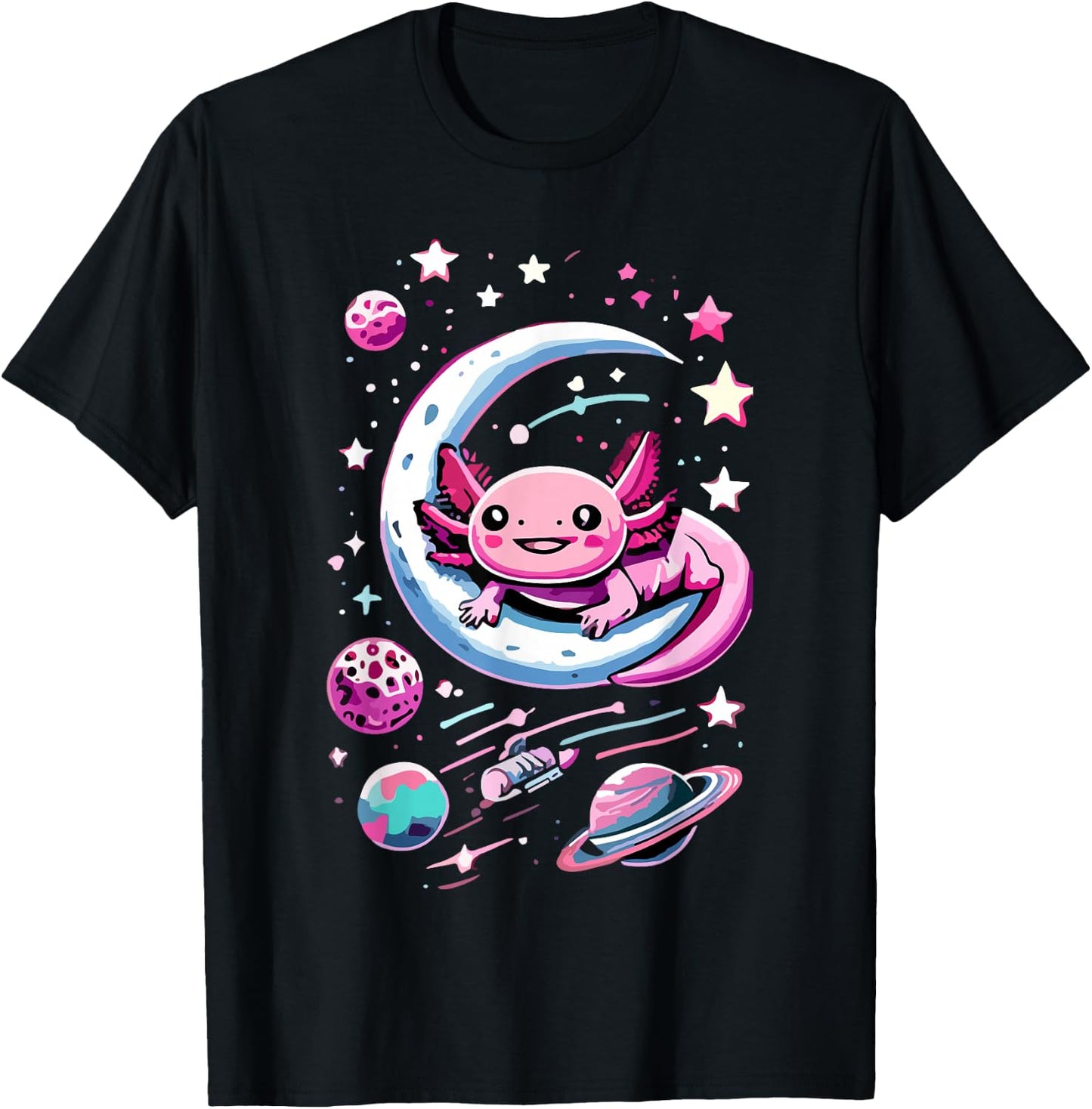 Space Adventure Kawaii Axolotl T-Shirt - T-Shirt | Black