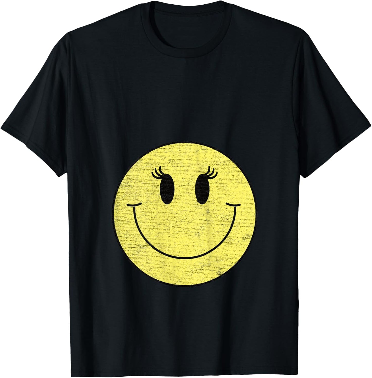 Vintage Cute Eyelashes Yellow Happy Smiling Smile Face Girl T-Shirt - T-Shirt | Black