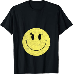 Vintage Cute Eyelashes Yellow Happy Smiling Smile Face Girl T-Shirt - T-Shirt | Black