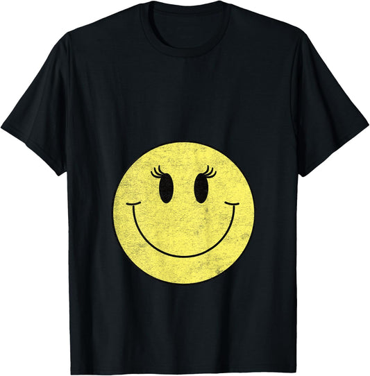Vintage Cute Eyelashes Yellow Happy Smiling Smile Face Girl T-Shirt - T-Shirt | Black