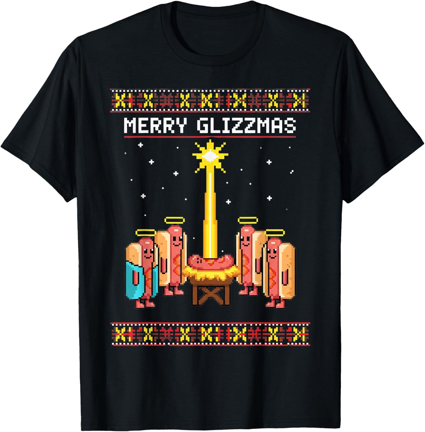 Dog Merry Glizzmas Retro Hotdog Squad Pixel Art T-Shirt - T-Shirt | Black