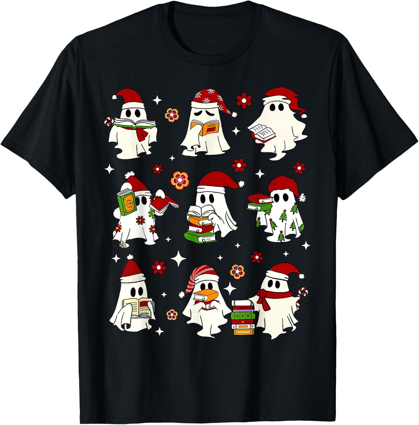 Funny Santa Ghost Reading Books Christmas Library Teacher T-Shirt - T-Shirt | Black