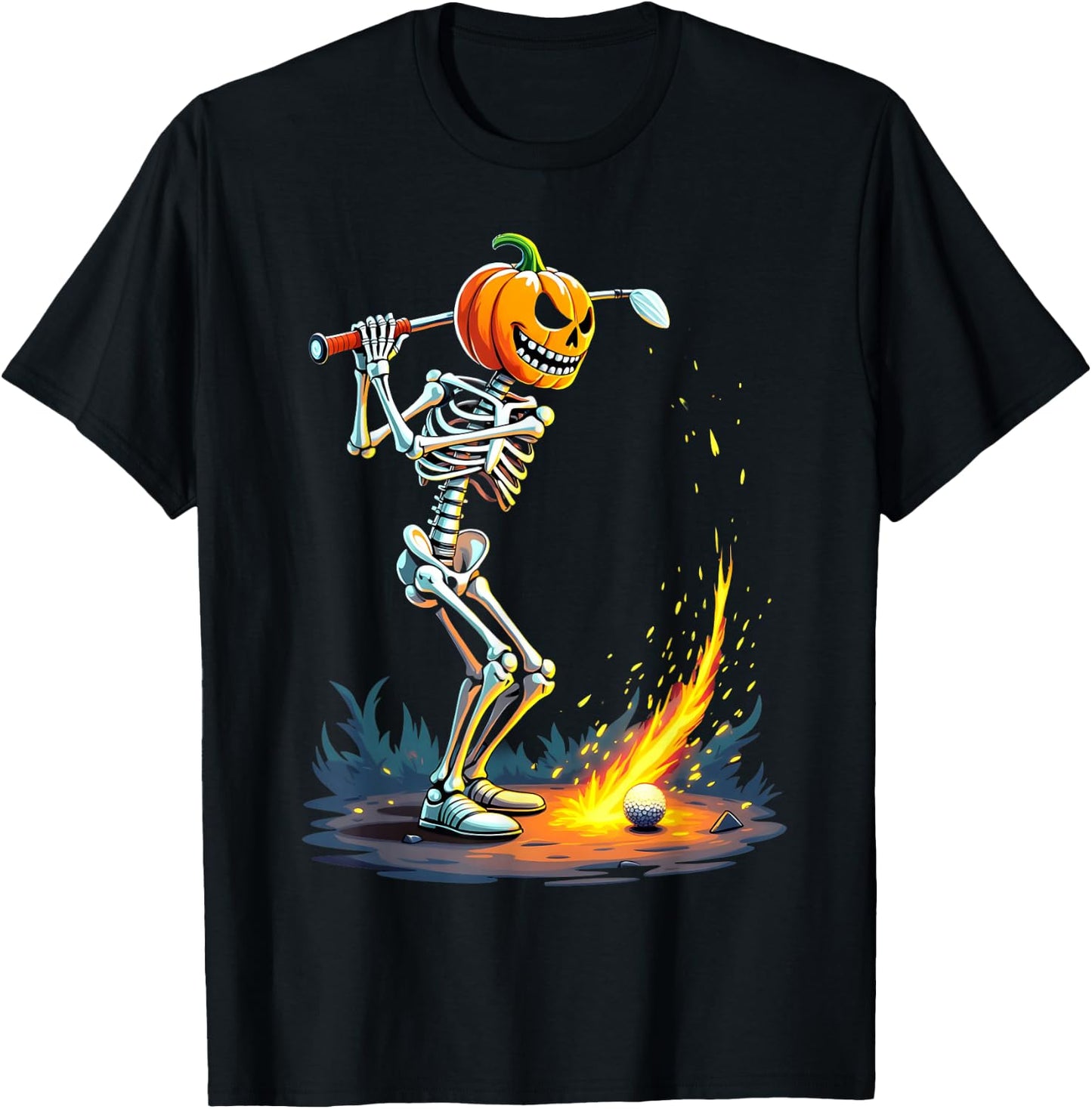 Pumpkin Head Skeleton Playing Golf Fireball T-Shirt - T-Shirt | Black