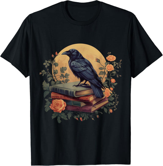 Raven Reading Book Occult Crow Cottagecore Botanical Flowers T-Shirt - T-Shirt | Black