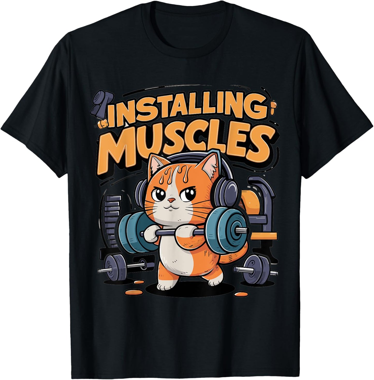 Funny Cat Installing Muscles Please Wait Lifting Barbell Women Girls Kids T-Shirt - T-Shirt | Black