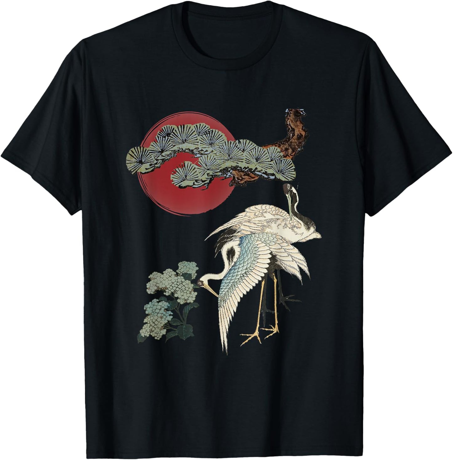 Japanese Crane and Pine Tree Art Elegant Traditional Design T-Shirt - T-Shirt | Black