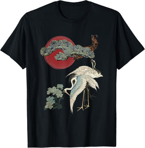 Japanese Crane and Pine Tree Art Elegant Traditional Design T-Shirt - T-Shirt | Black