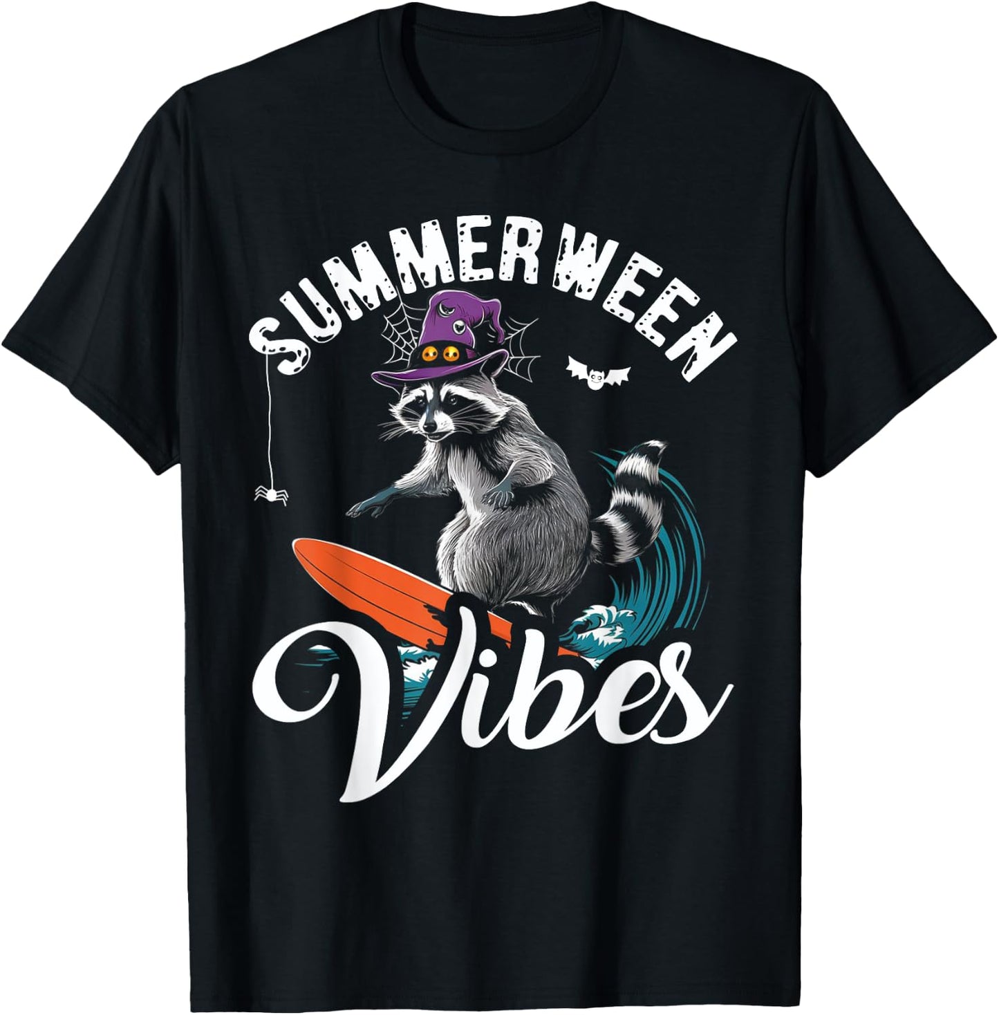 Summerween Vibes Raccoon Surfing Summer Halloween Vacation T-Shirt - T-Shirt | Black