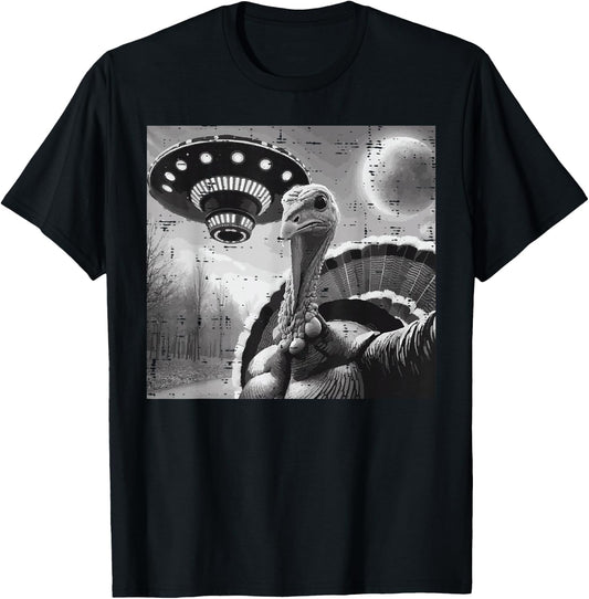 Thanksgiving Turkey UFO Selfie Funny Alien Men Women Kids T-Shirt - T-Shirt | Black