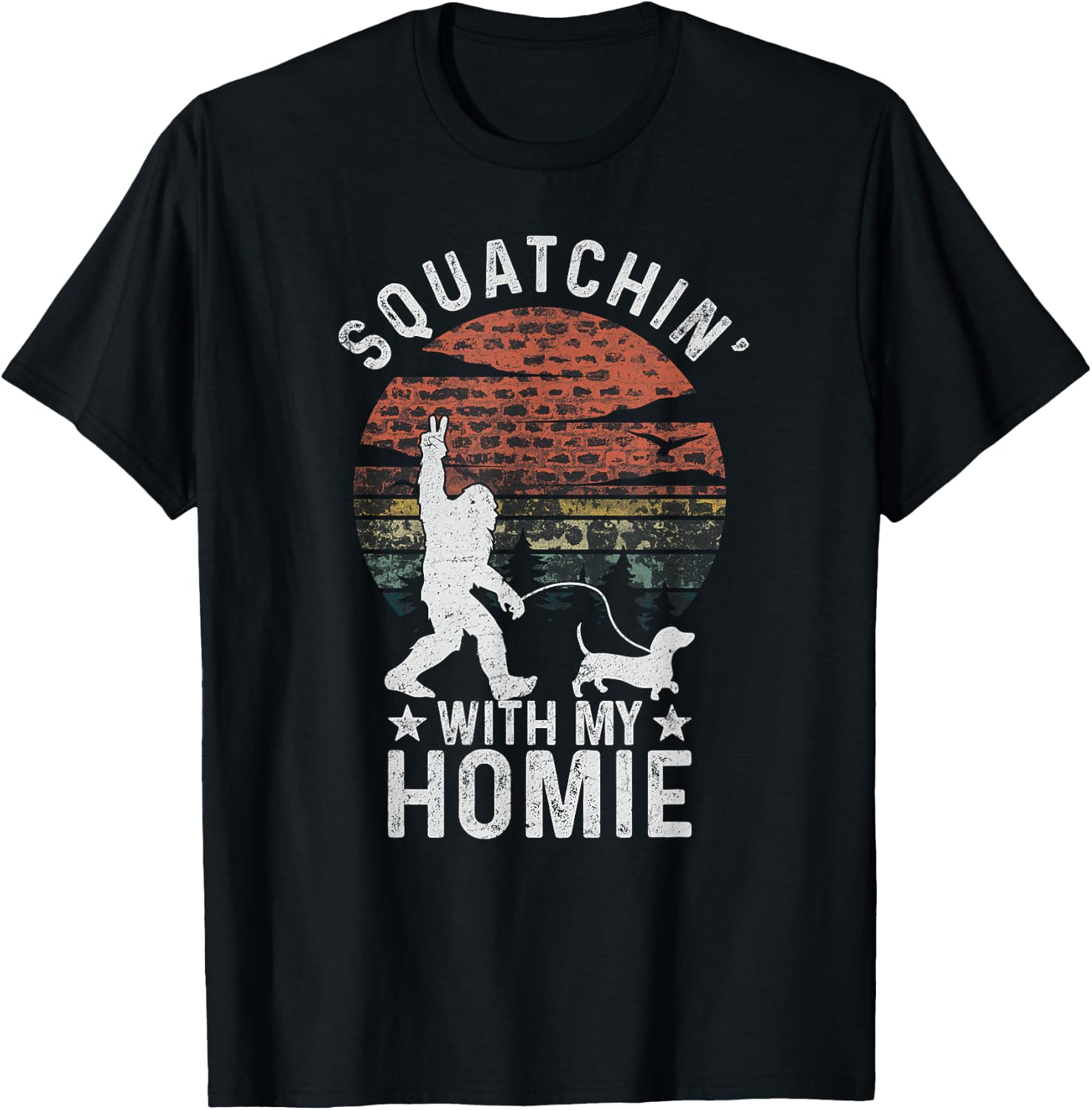 Funny Bigfoot Walking Weiner Dog Clothing Bigfoot Walking Dachshund Sasquatch Wiener Dog Lover T-Shirt - T-Shirt | Black