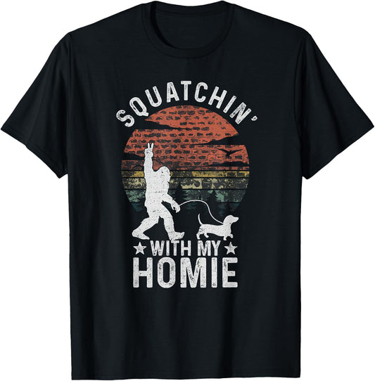 Funny Bigfoot Walking Weiner Dog Clothing Bigfoot Walking Dachshund Sasquatch Wiener Dog Lover T-Shirt - T-Shirt | Black