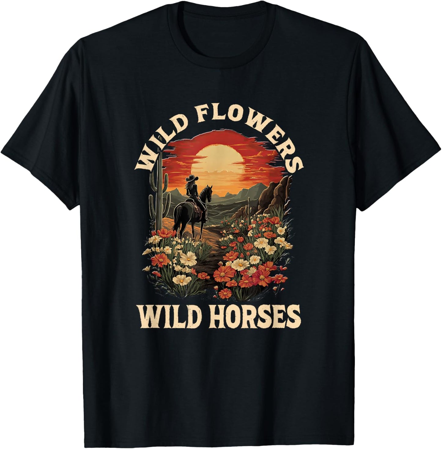 Western Sunset Cowgirl Riding Horse Wild Flowers Wild Horses T-Shirt - T-Shirt | Black
