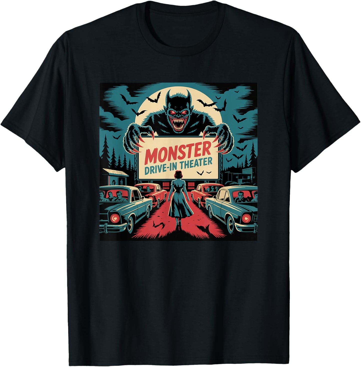 Retro Monster Drive-In Horror Movie Art Vintage T-Shirt - T-Shirt | Black