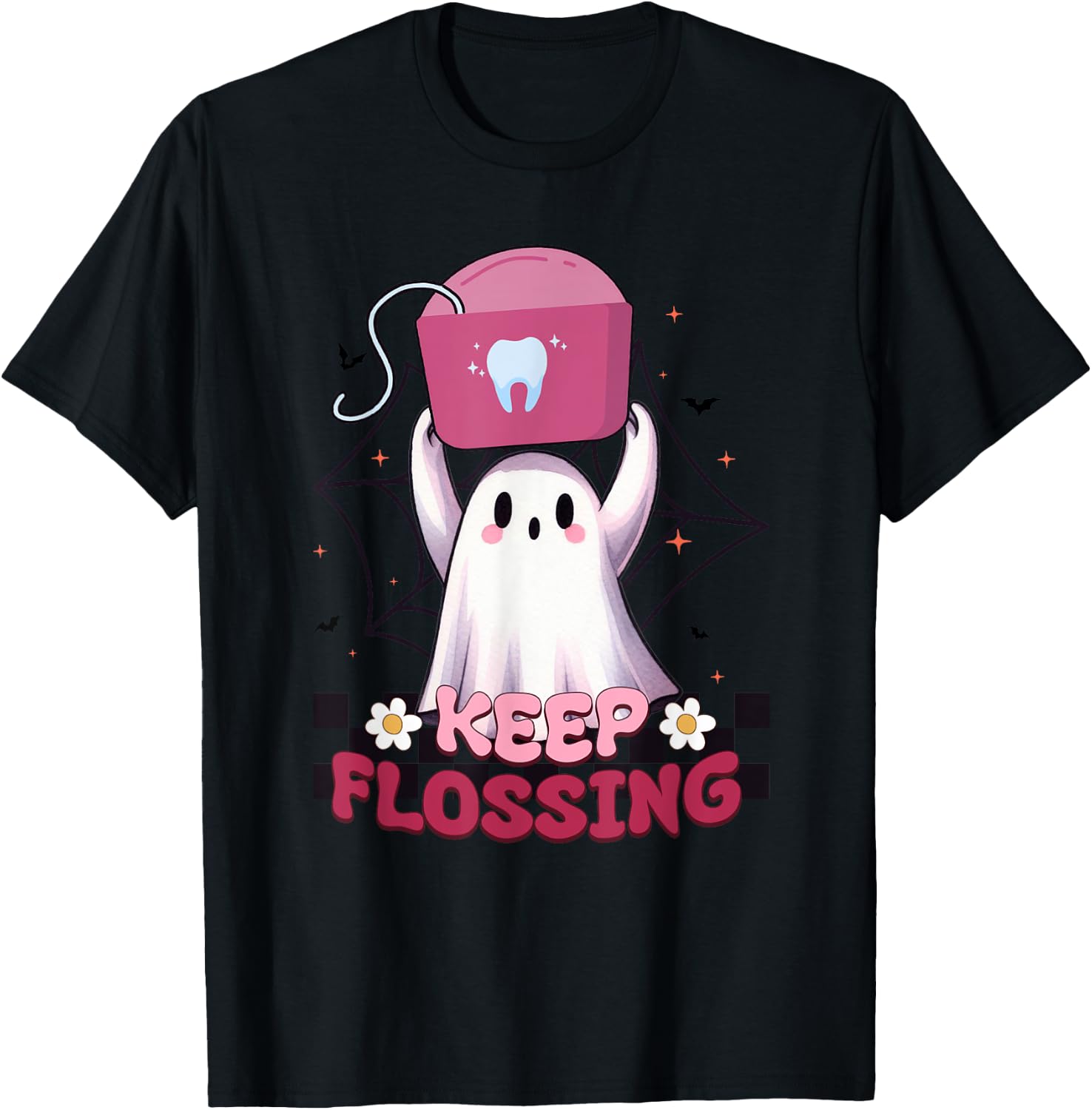 Keep Flossing Ghost Groovy Dental Hygiene Halloween Crew T-Shirt - T-Shirt | Black