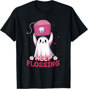 Keep Flossing Ghost Groovy Dental Hygiene Halloween Crew T-Shirt - T-Shirt | Black