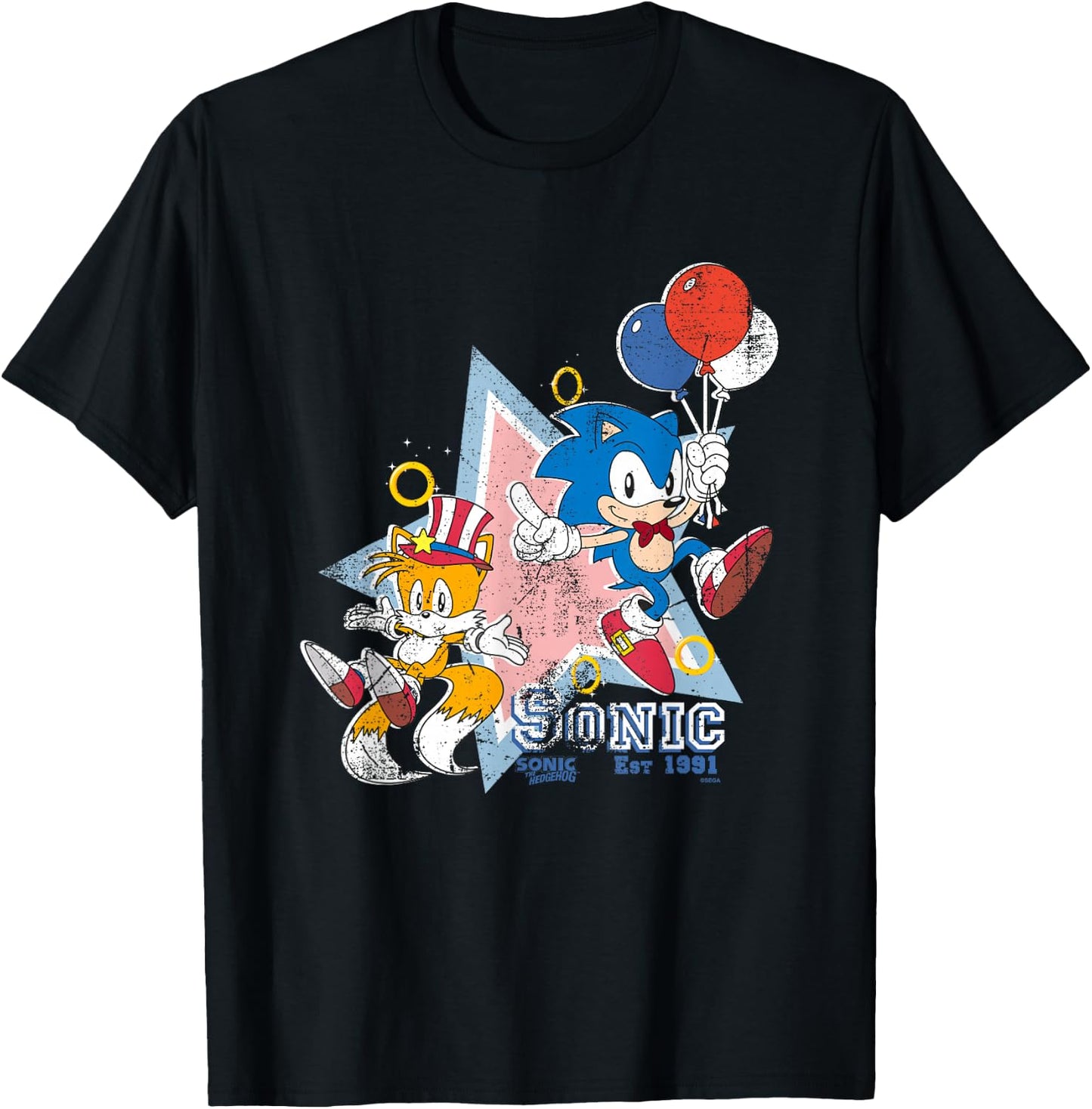 Sonic The Hedgehog Americana Sonic & Tails Celebration Retro T-Shirt - T-Shirt | Black