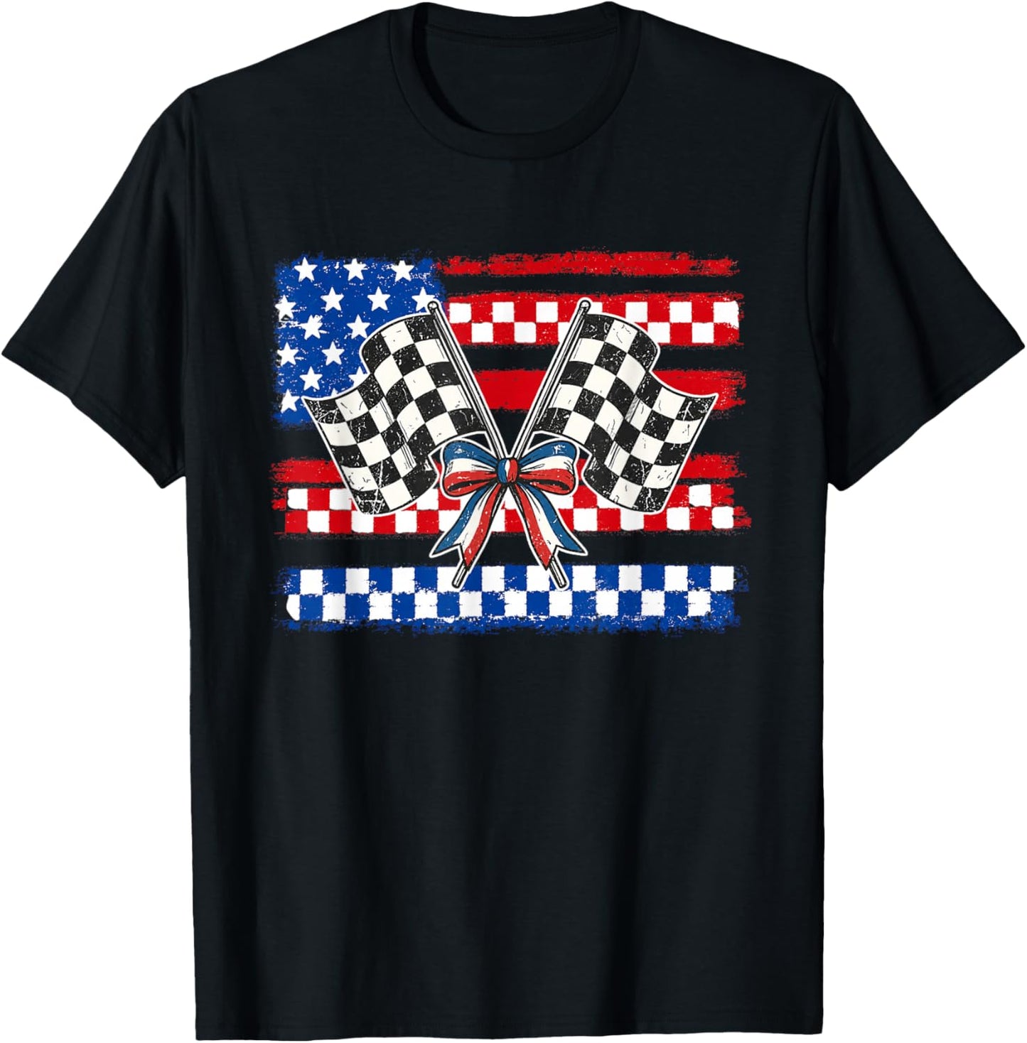Patriotic Racing Flags Shirt Checkered Flag USA Race Day T-Shirt - T-Shirt | Black