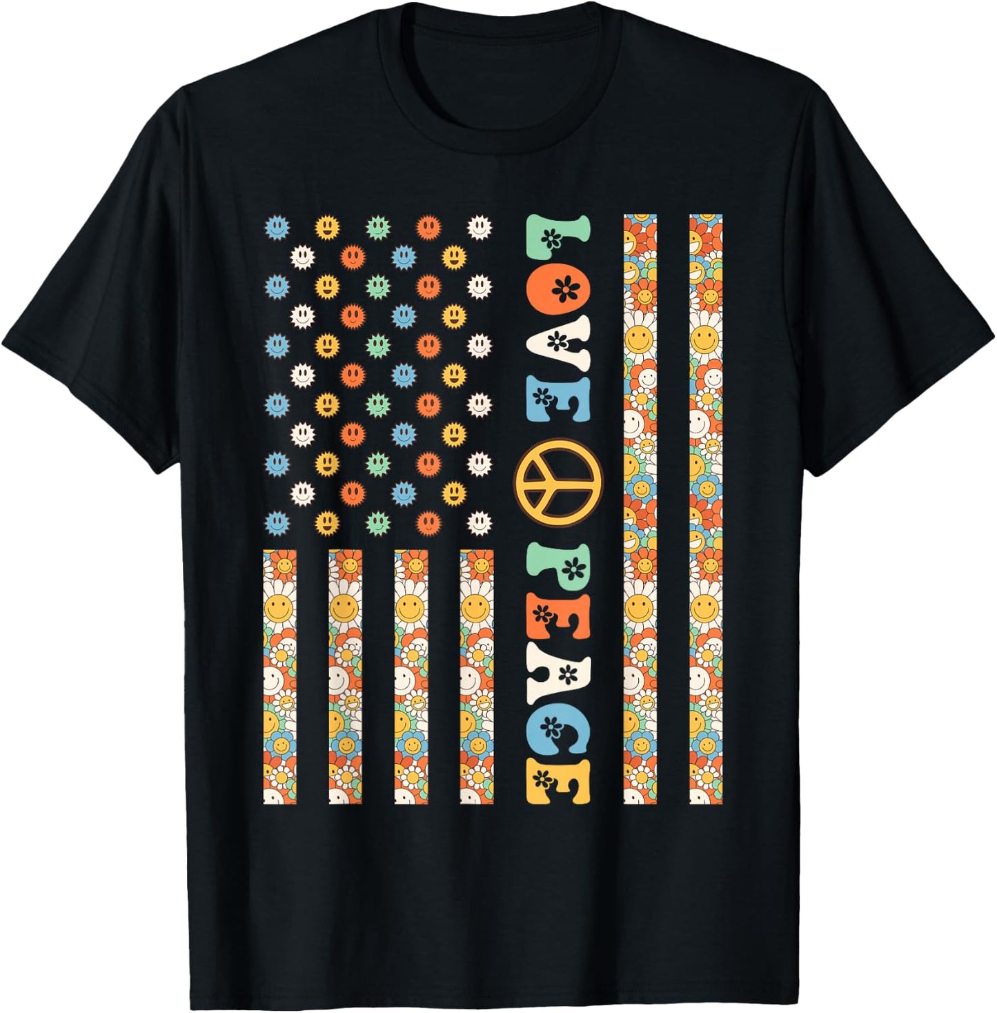 60s 70s American Flag Outfits Girls Kids Hippy Outfit USA Flag Hippie Groovy 1960s 1970s Love Peace T-Shirt - T-Shirt | Black
