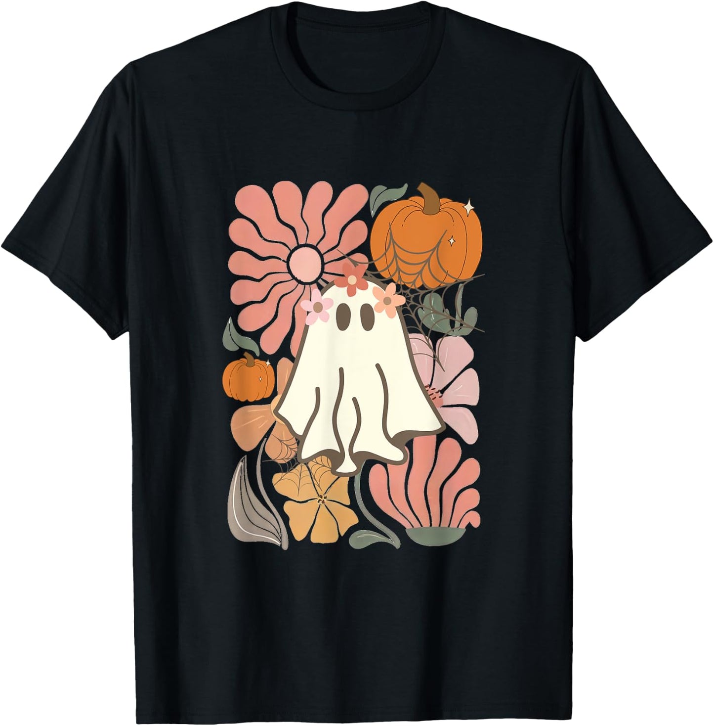 Boho Floral Fall Boho Ghost Cute Halloween girl T-Shirt - T-Shirt | Black