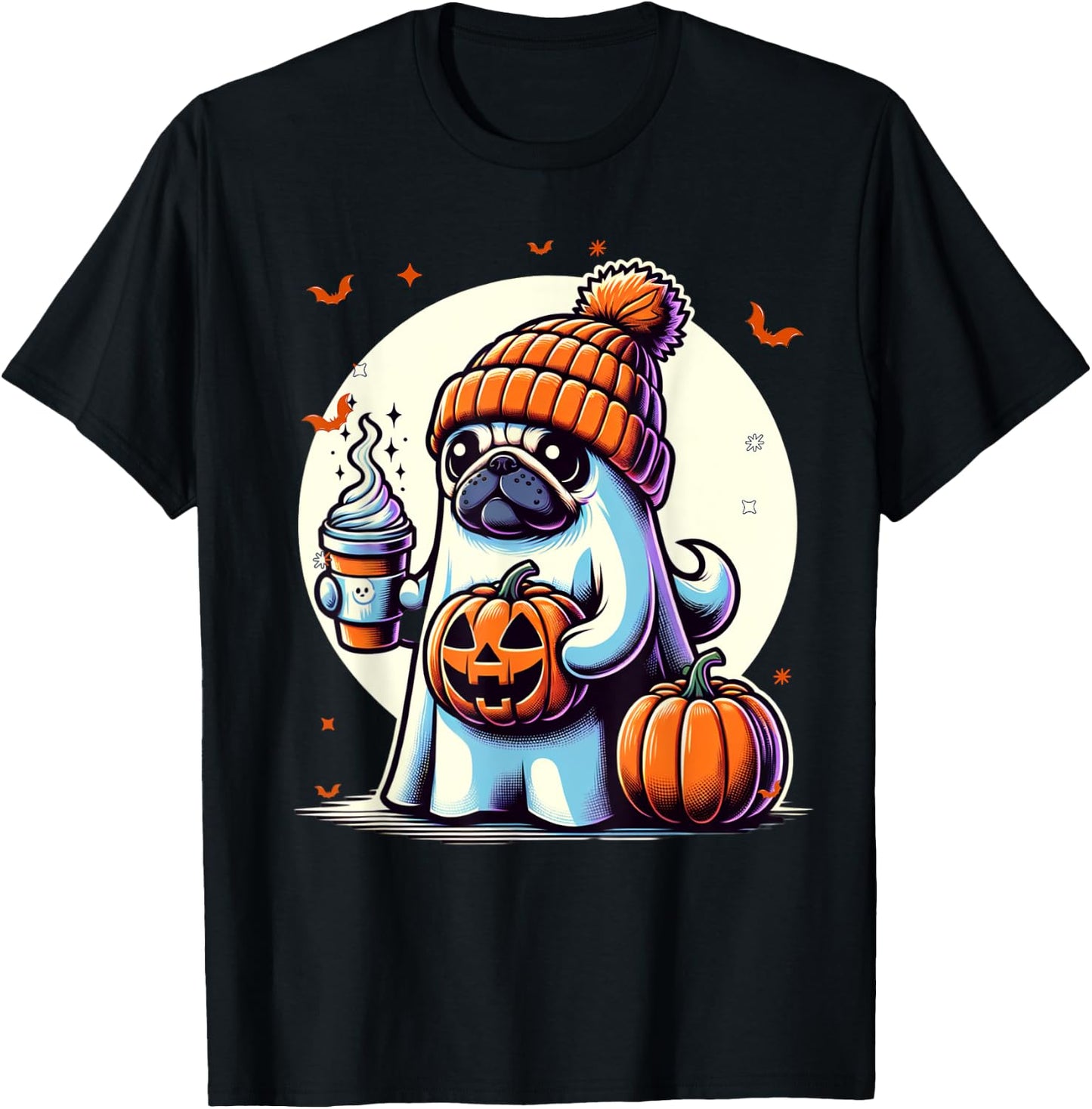 Ghost Pug Pumpkin Drinks Beanie Fall Halloween T-Shirt - T-Shirt | Black