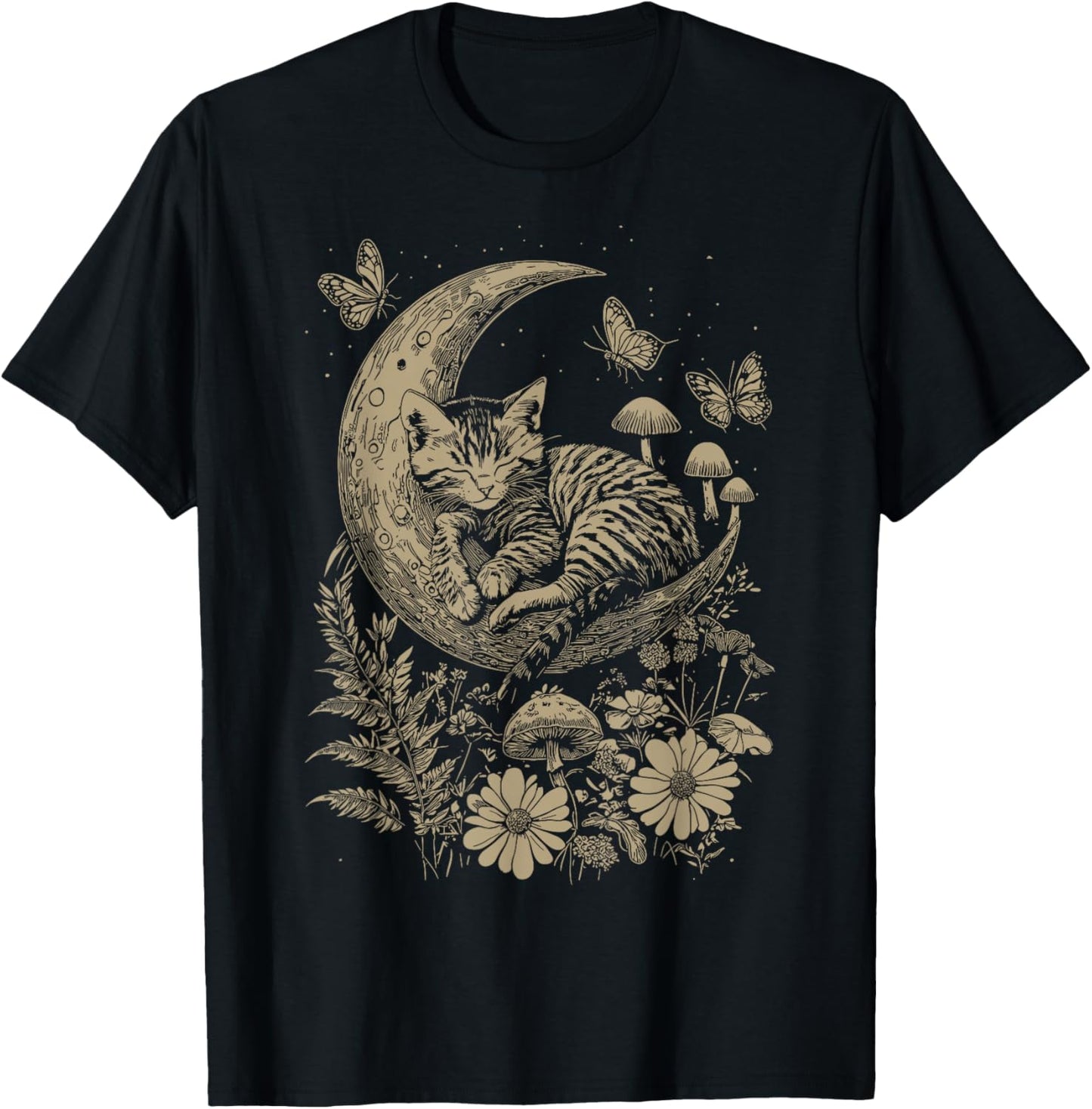 Cute Fairycore Floral Cat Sleeping Moon Aesthetic Girl Women T-Shirt - T-Shirt | Black