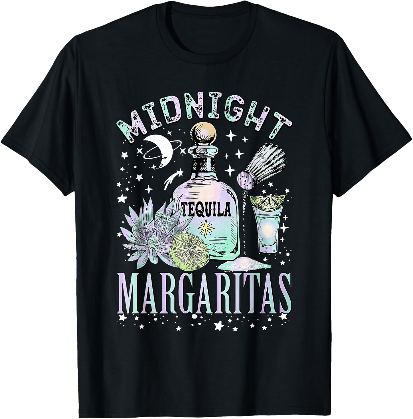 Midnight Margaritas Tequila Bottle Lime Succulent T-Shirt - T-Shirt | Black