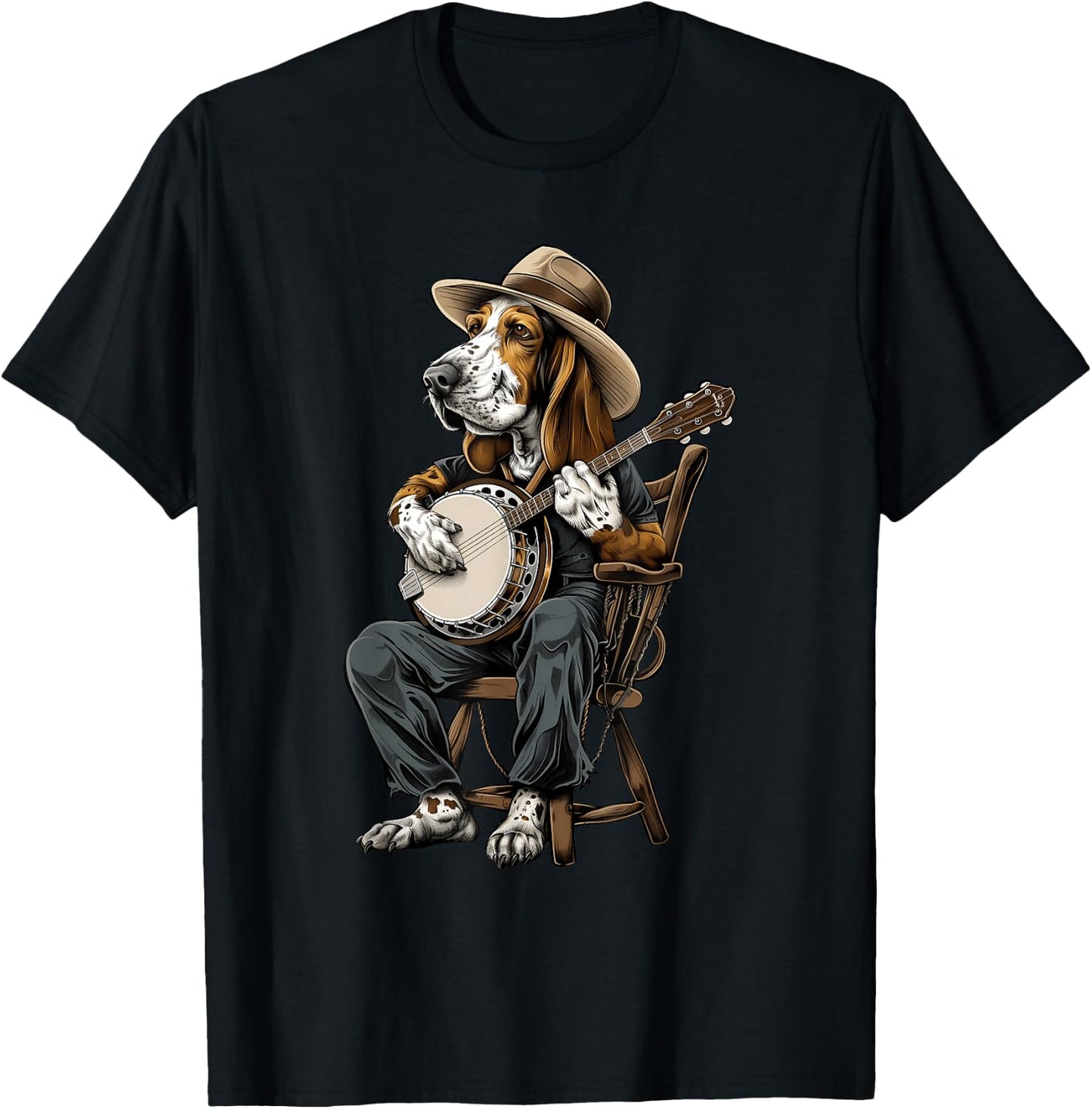 Basset Hound Dog Bluegrass Banjo Player T-Shirt - T-Shirt | Black
