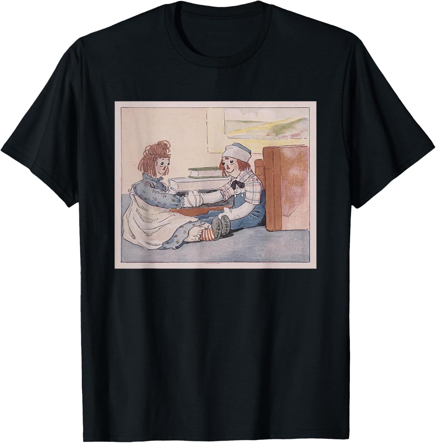 Raggedy Ann & Andy - Their Hands Tied Together Near Books T-Shirt - T-Shirt | Black