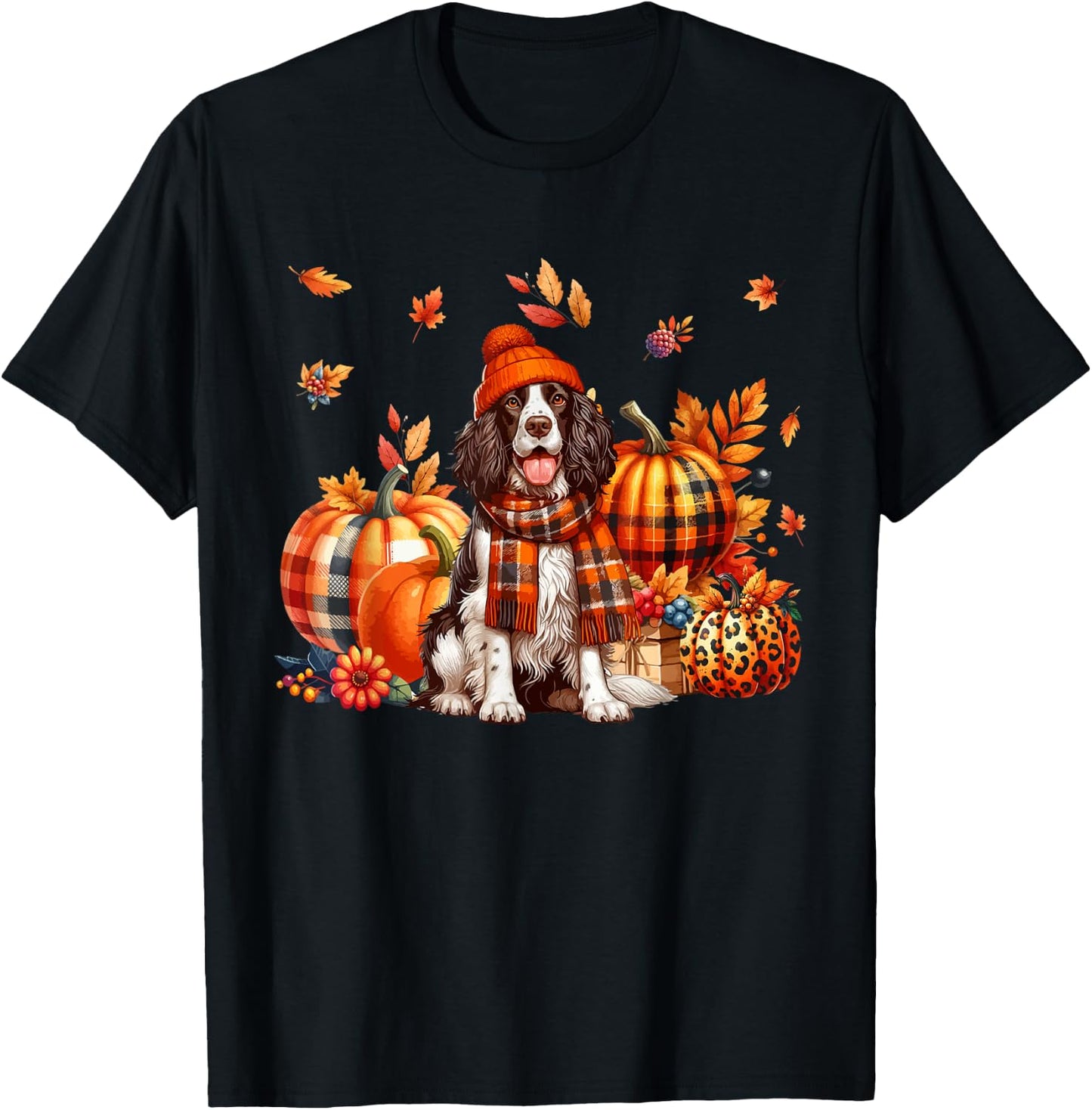 English Springer Spaniel Thanksgiving Leopard Pumpkins Fall T-Shirt - T-Shirt | Black