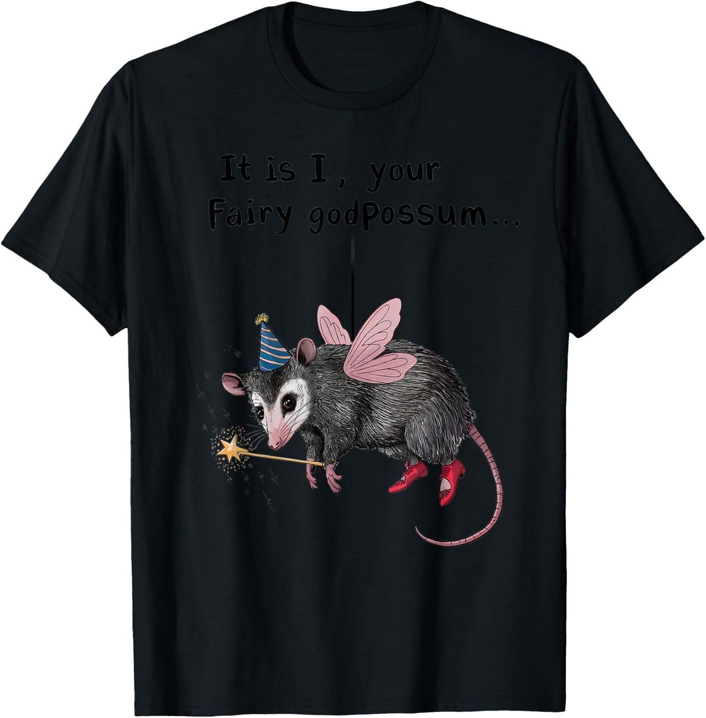 Whimsical Humor It Is I Your Fairy Godpossum -Adults Grey Short Sleeve Small Modern Cartoon Animal Humorous Cartoon Animal T-Shirt - T-Shirt | Black
