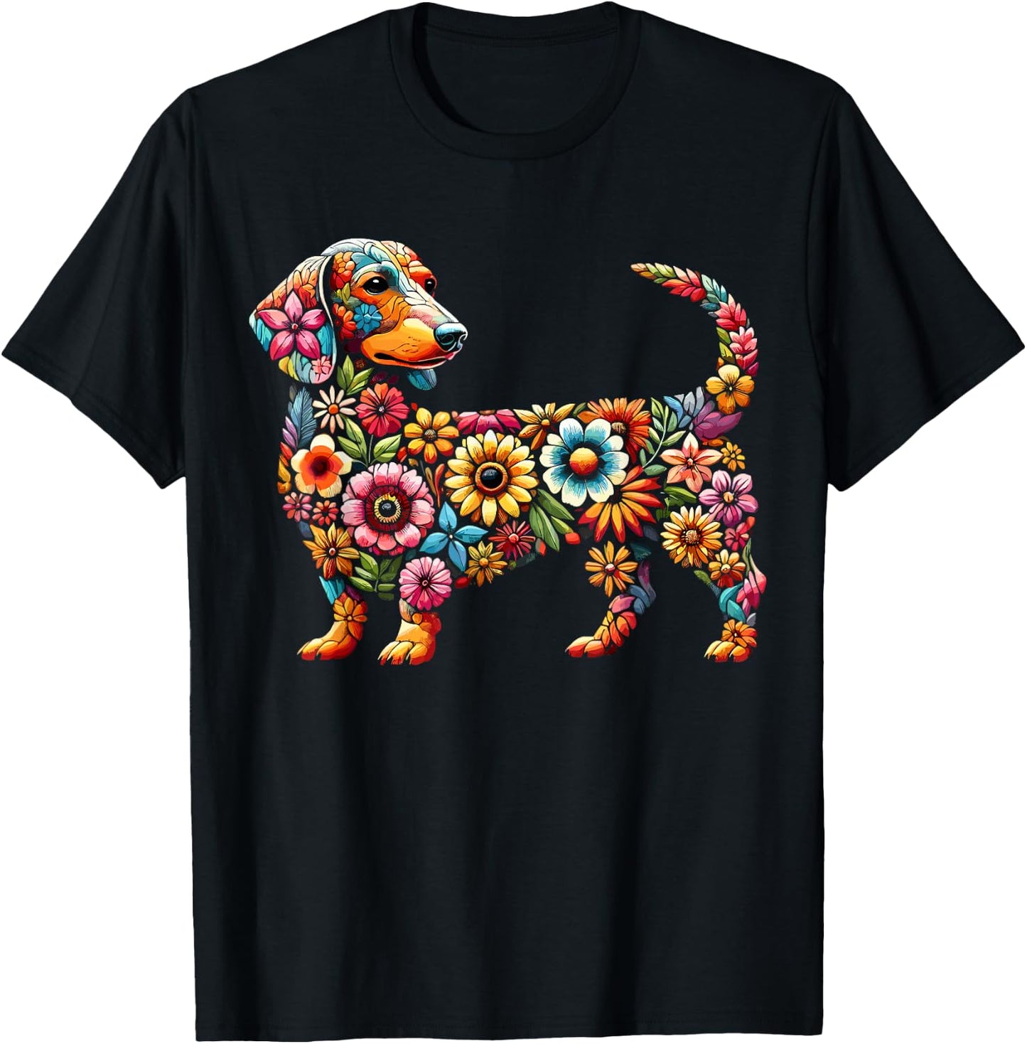 Dachshund Flower Funny Dog Women Girls Kids T-Shirt - T-Shirt | Black