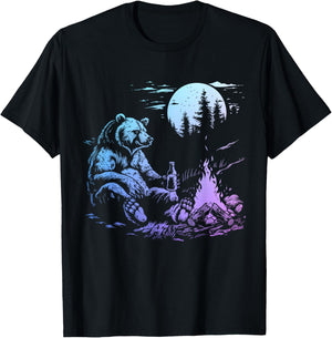 Camping Bear Drinking Beer Hiking Nature Funny Grizzly Bear T-Shirt - T-Shirt | Black